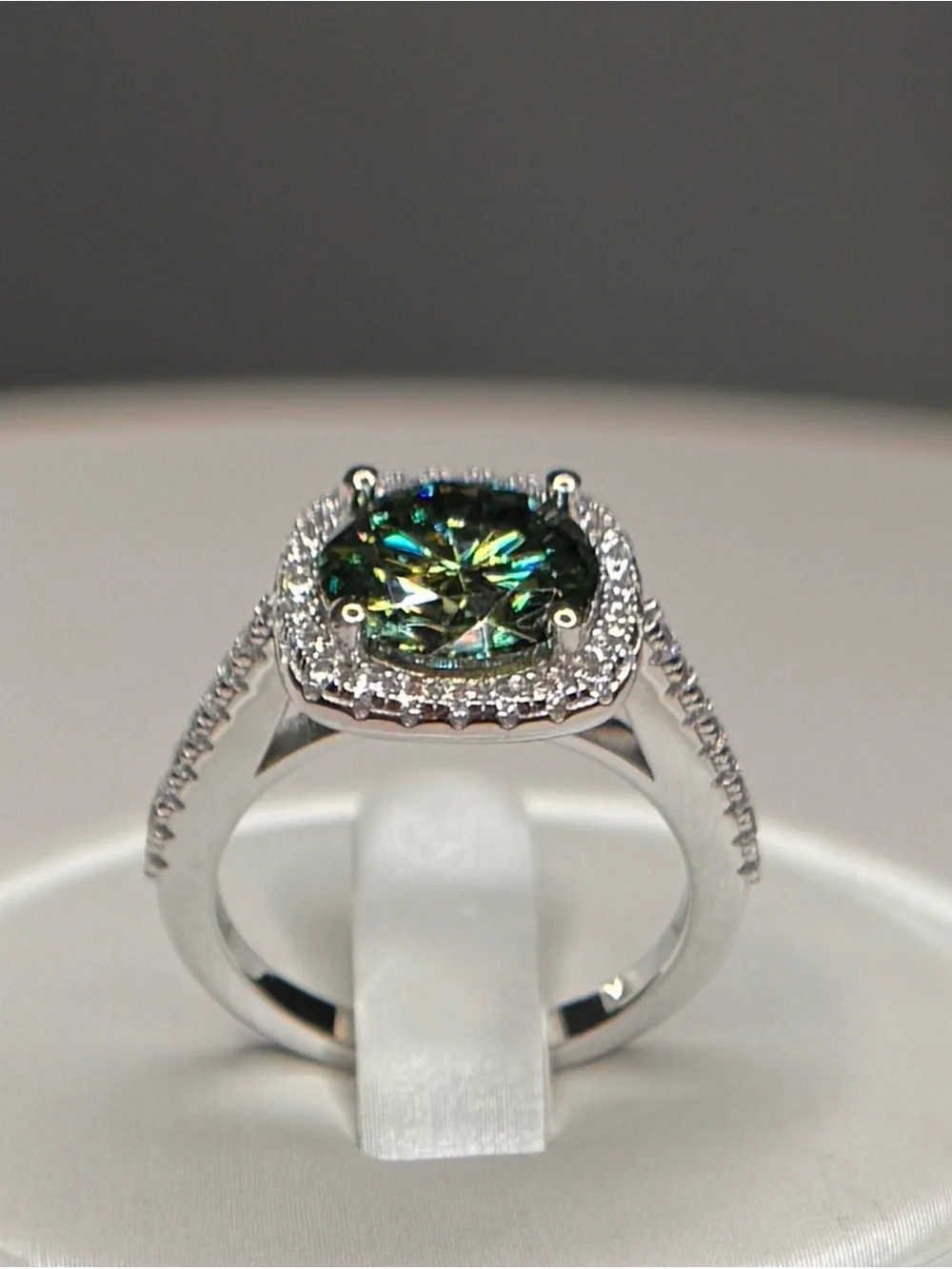 MOISSANITE 3 ct Mystic Green Center Stone w/Halo and Pave Stones
